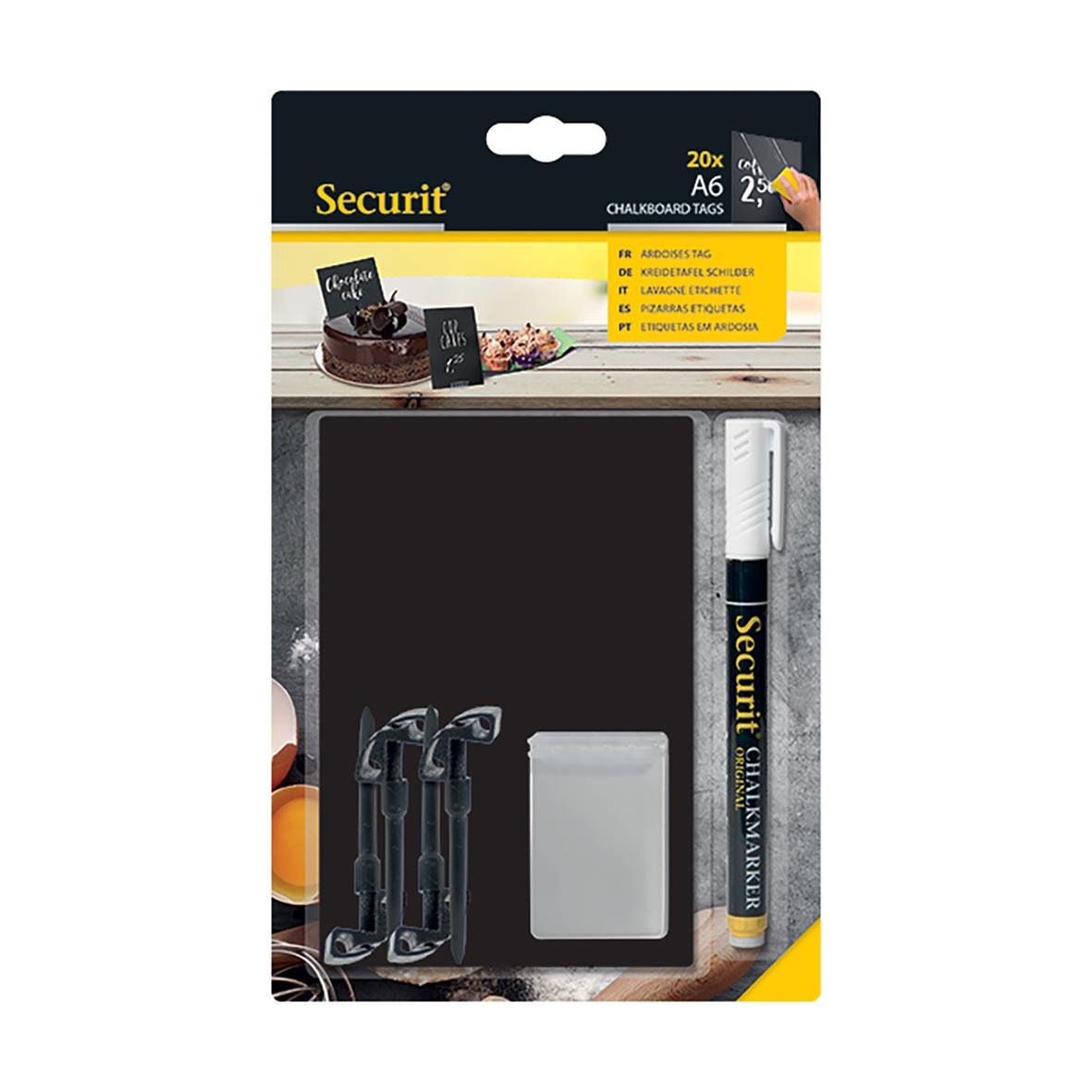 Svart griffelskylt med penna och hållare för Securit, A6 storlek, inklusive 20x46 blad