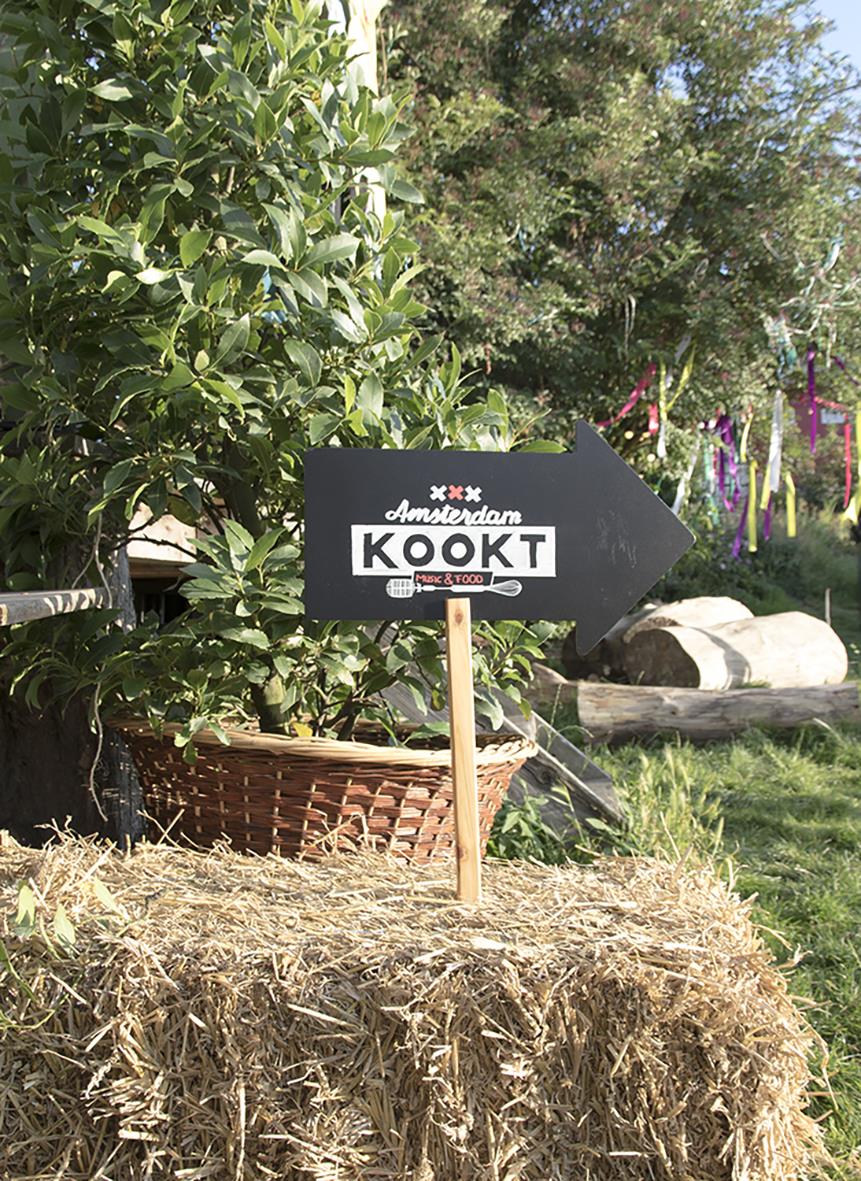 Svart griffelskylt med text och pil, placerad i ett utomhusmiljö med gröna växter och höstlöv