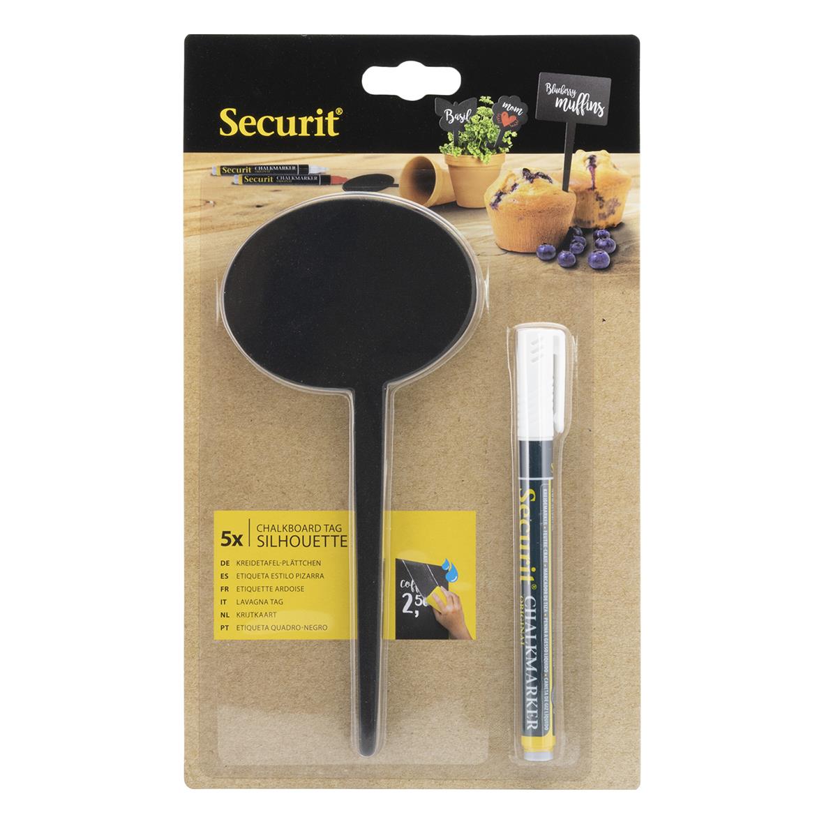 Svart griffelskylt med bubbla och 18x8cm storlek, inklusive krita och silhuettmarkering