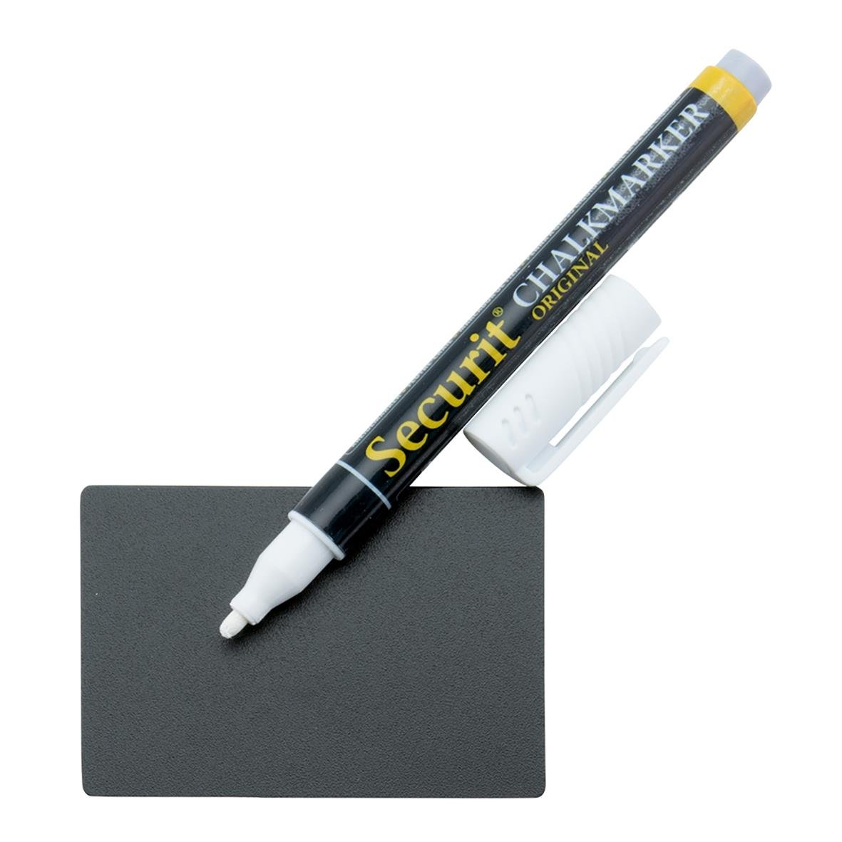 Svart griffelskylt med penna och hållare, inklusive whiteboardpenna