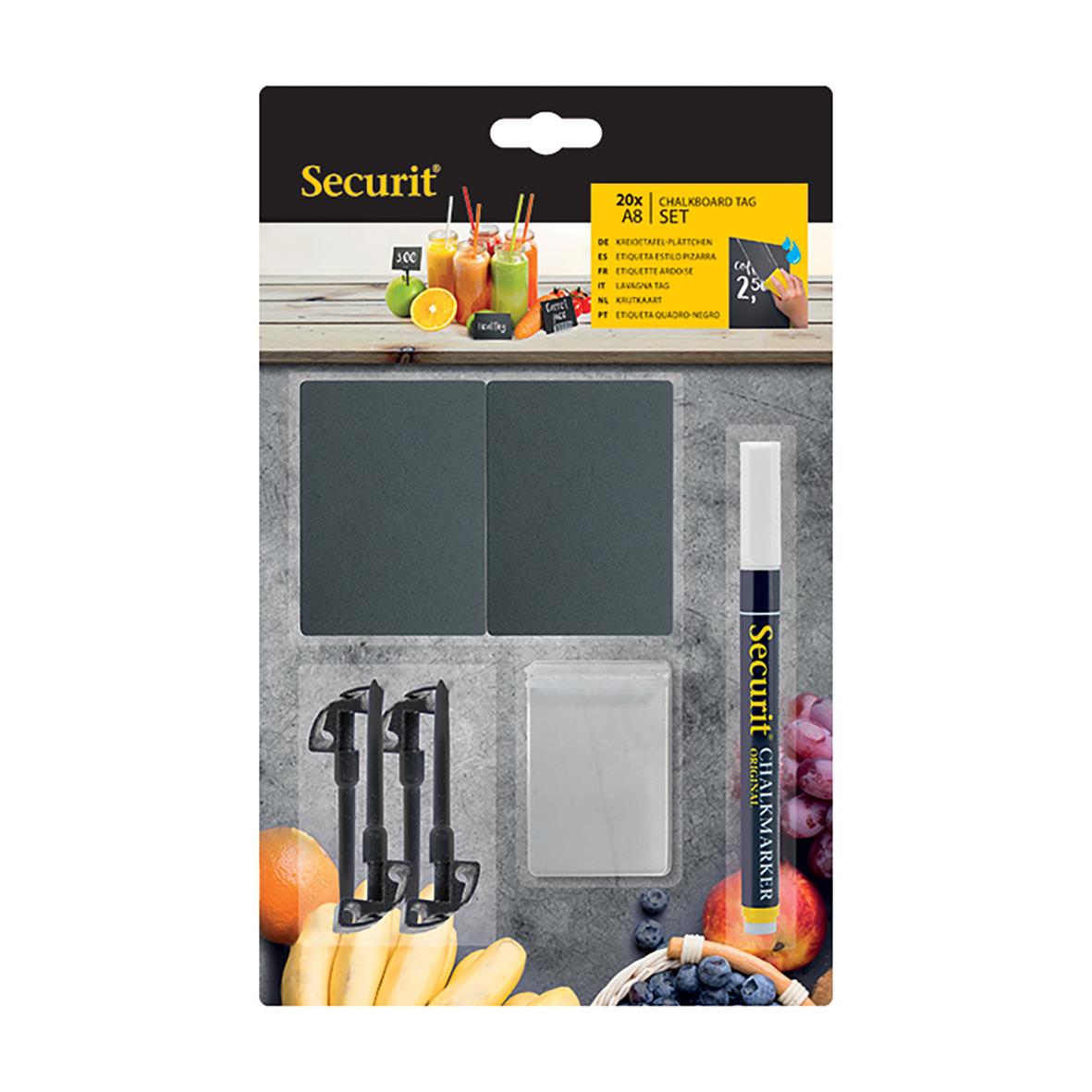 Svart griffelskylt med penna och hållare från Securit, inklusive 20x A8 whiteboardtavla