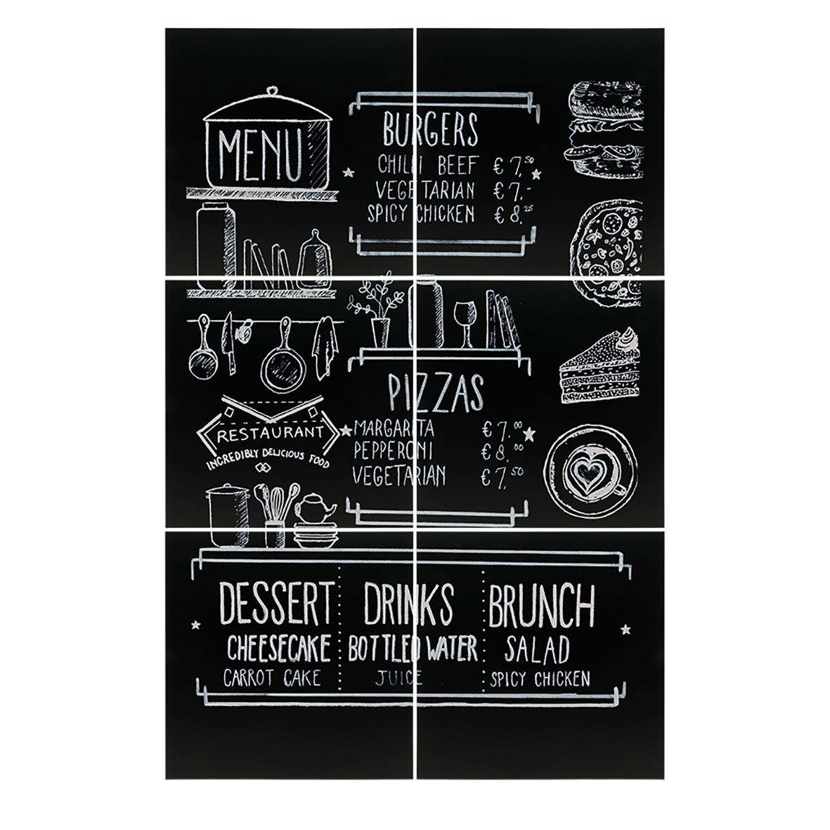 Svart griffeltavla utan ram för vägg, visar meny, pizzor, drycker och desserter i vitt tecknat stil