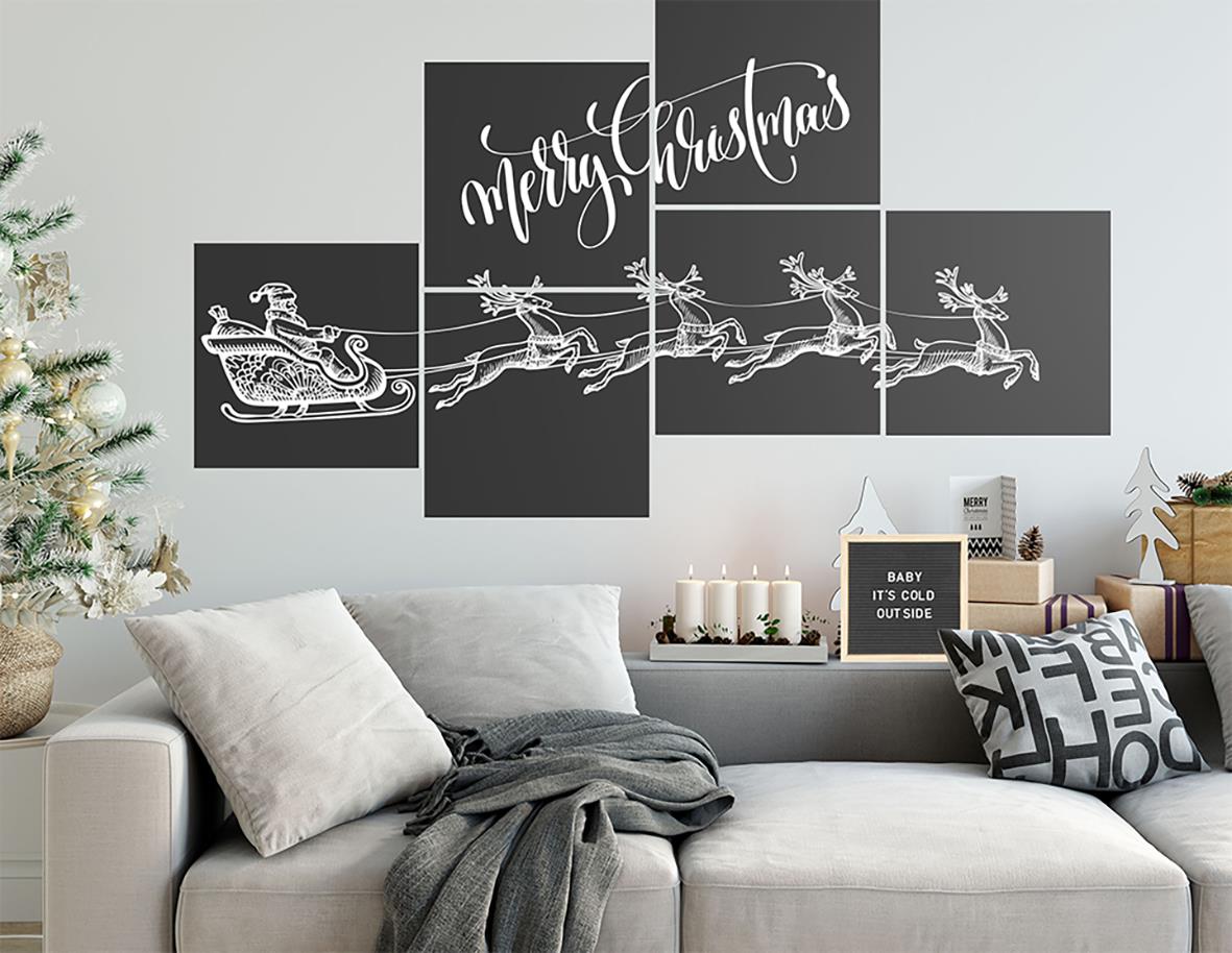 Svart griffeltavla utan ram med julmotiv och text för vägg 40x40cm