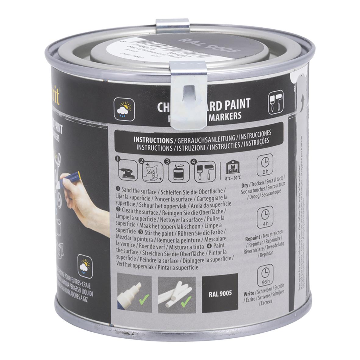 Svart griffelfärg i burk med lock och instruktioner på etiketten