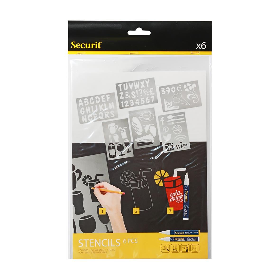 Stencil Securit bokstäver, siffror och former i svartvitt för dekoration och märkning