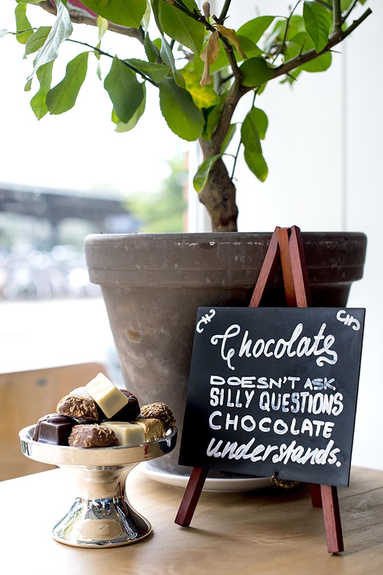 Chokladskylt med citatet 'Chocolate doesn't ask silly questions, chocolate understands' framför en växt i kruka och chokladgodis på ett fat