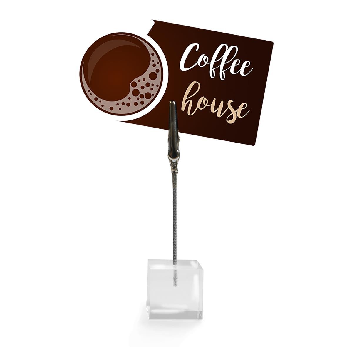 Skyltklämma Securit för griffelskyltar, transparent, med en kopp kaffe och skylt med text Coffee house