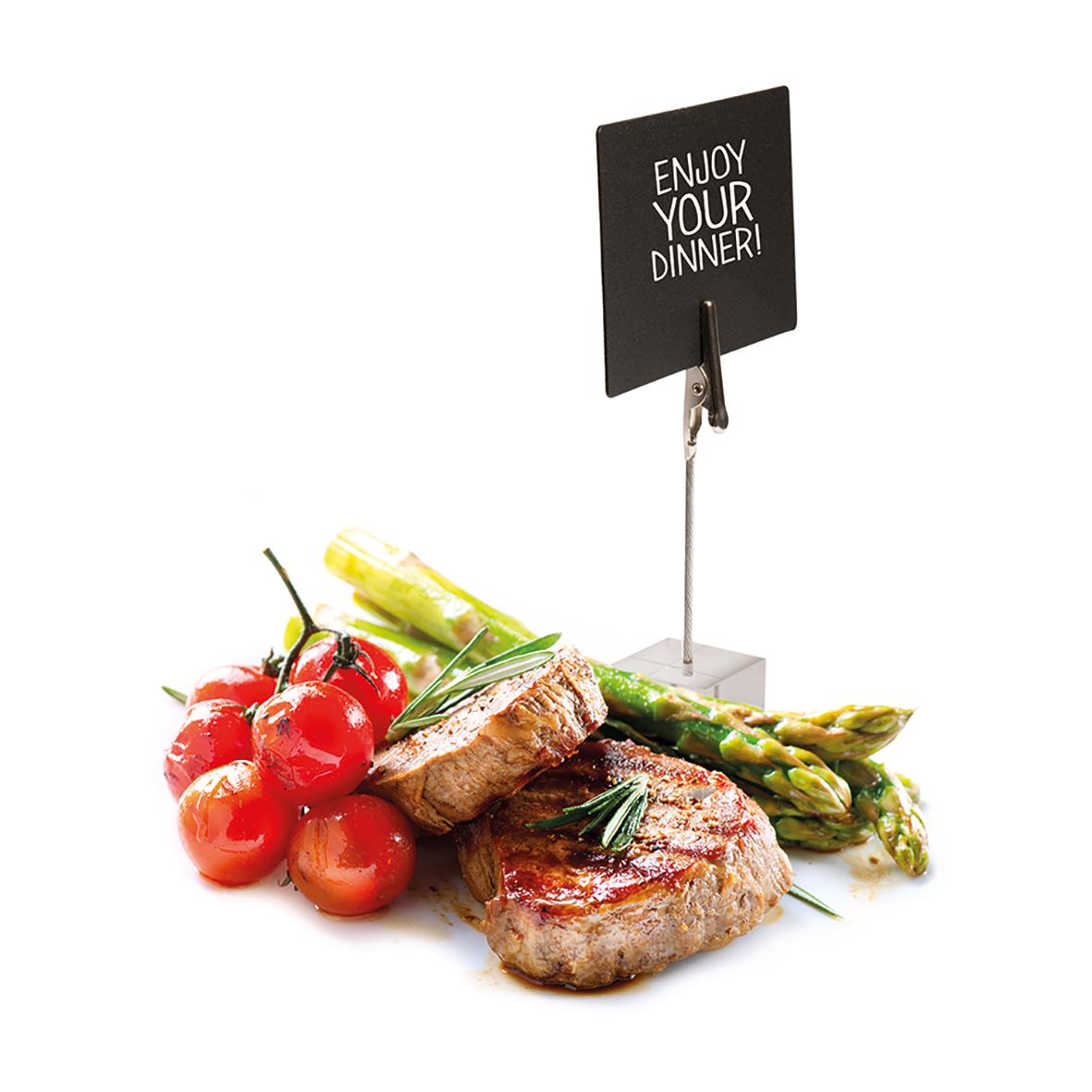 Skyltklämma Securit för griffelskyltar med texten Enjoy Your Dinner