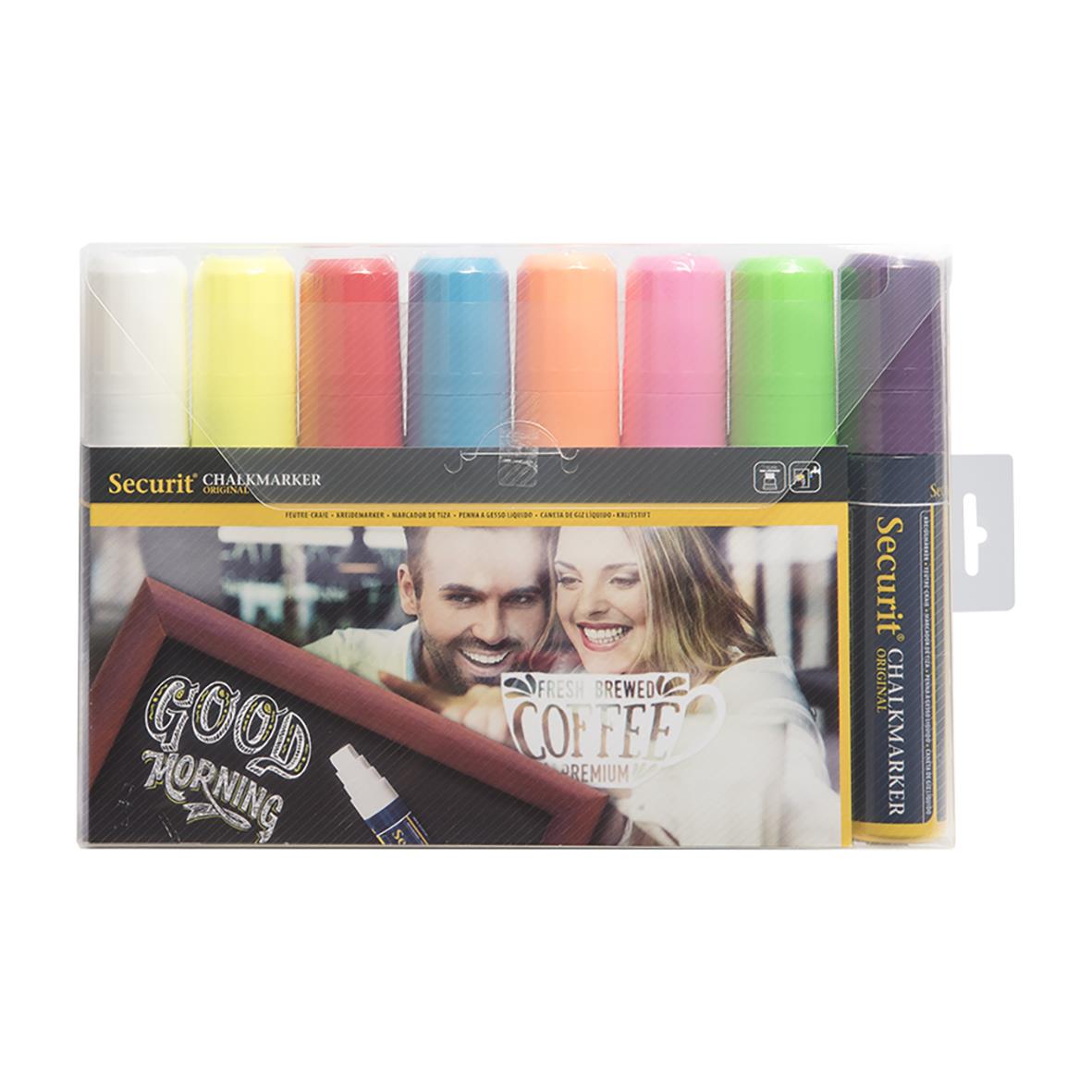 Set med åtta färgade griffelpennor med rektangulär spets i olika färger och storlekar 7-15mm