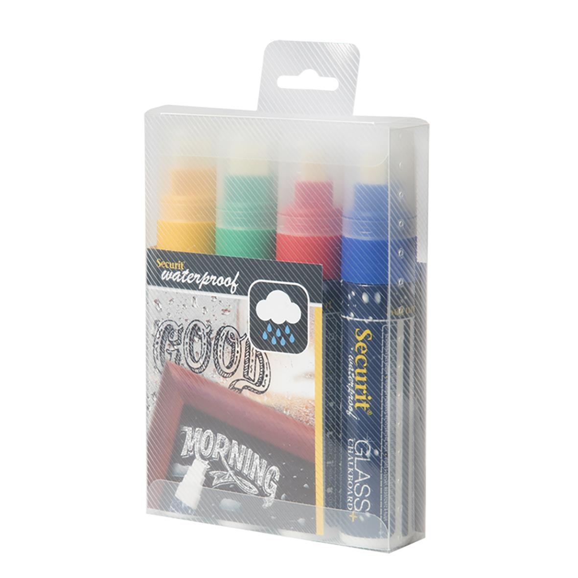 Set med fyra vattenfasta griffelpennor i olika färger med rektangulär spets och 7-15mm bredd