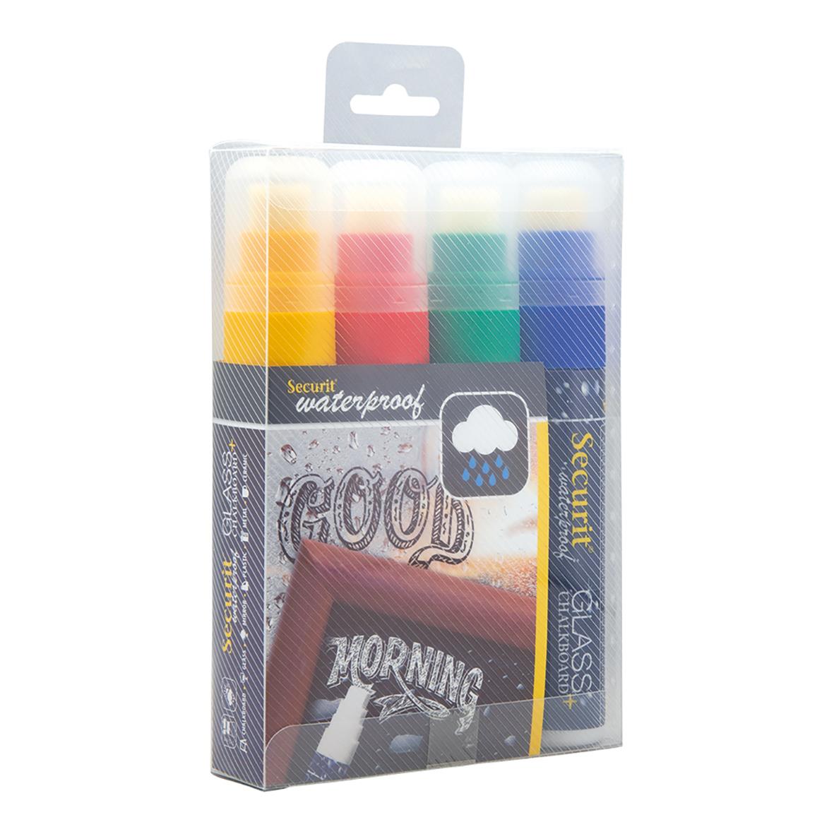 Set med fyra vattenfasta griffelpennor i olika färger med rektangulär spets och 7-15mm bredd