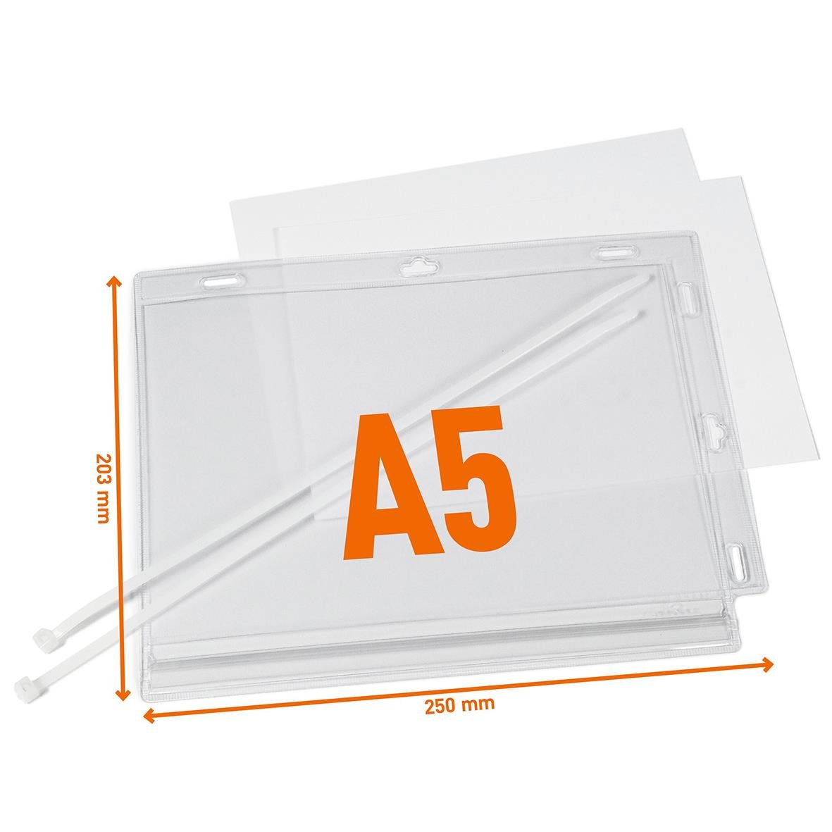 Transparent plastficka för A5-format, vattentålig och buntad, mått 250x203 mm