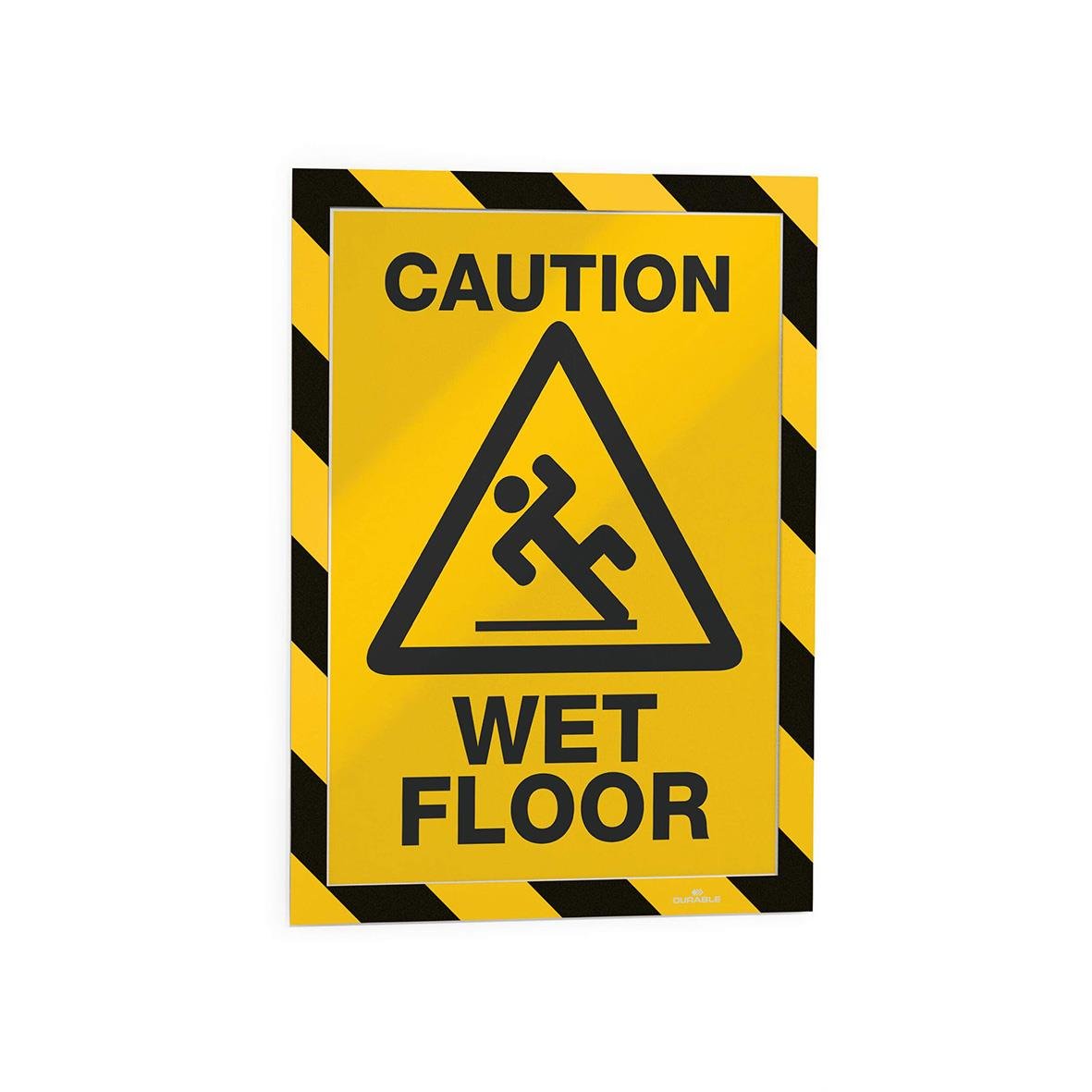 Gul och svart självhäftande säkerhetsskylt med varning för våt golv i A4-storlek