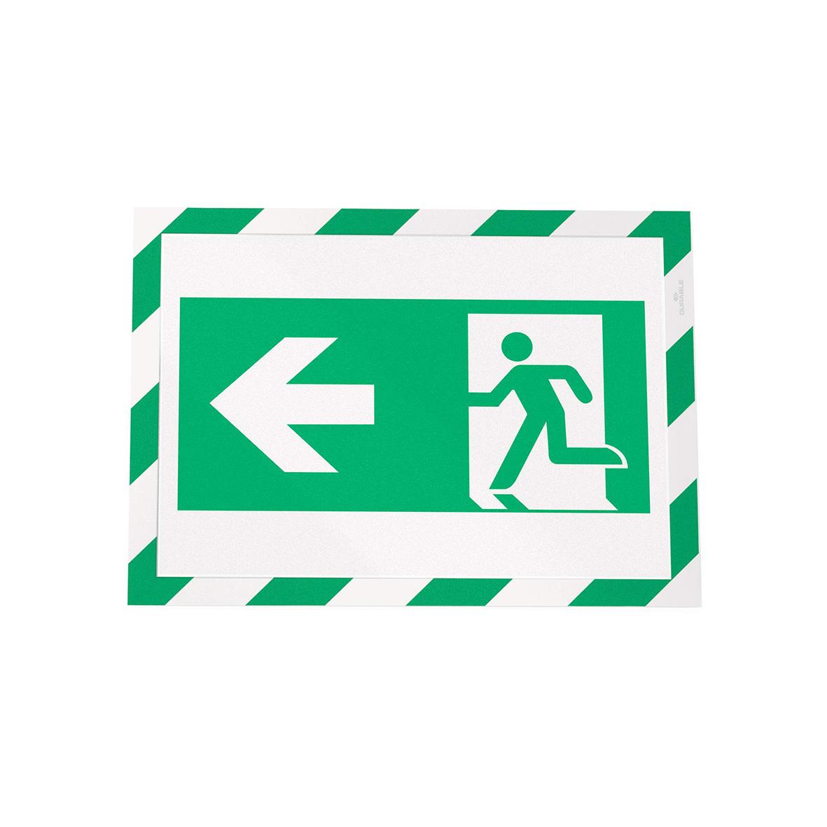 Grön/vit självhäftande säkerhetsskylt med vänsterpil och utrymningssymbol A4