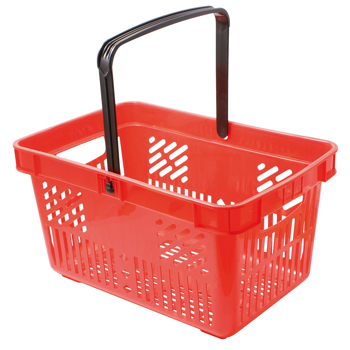 Röd kundkorg med handtag och ventilationshål, storlek 473x309x258mm, 27L