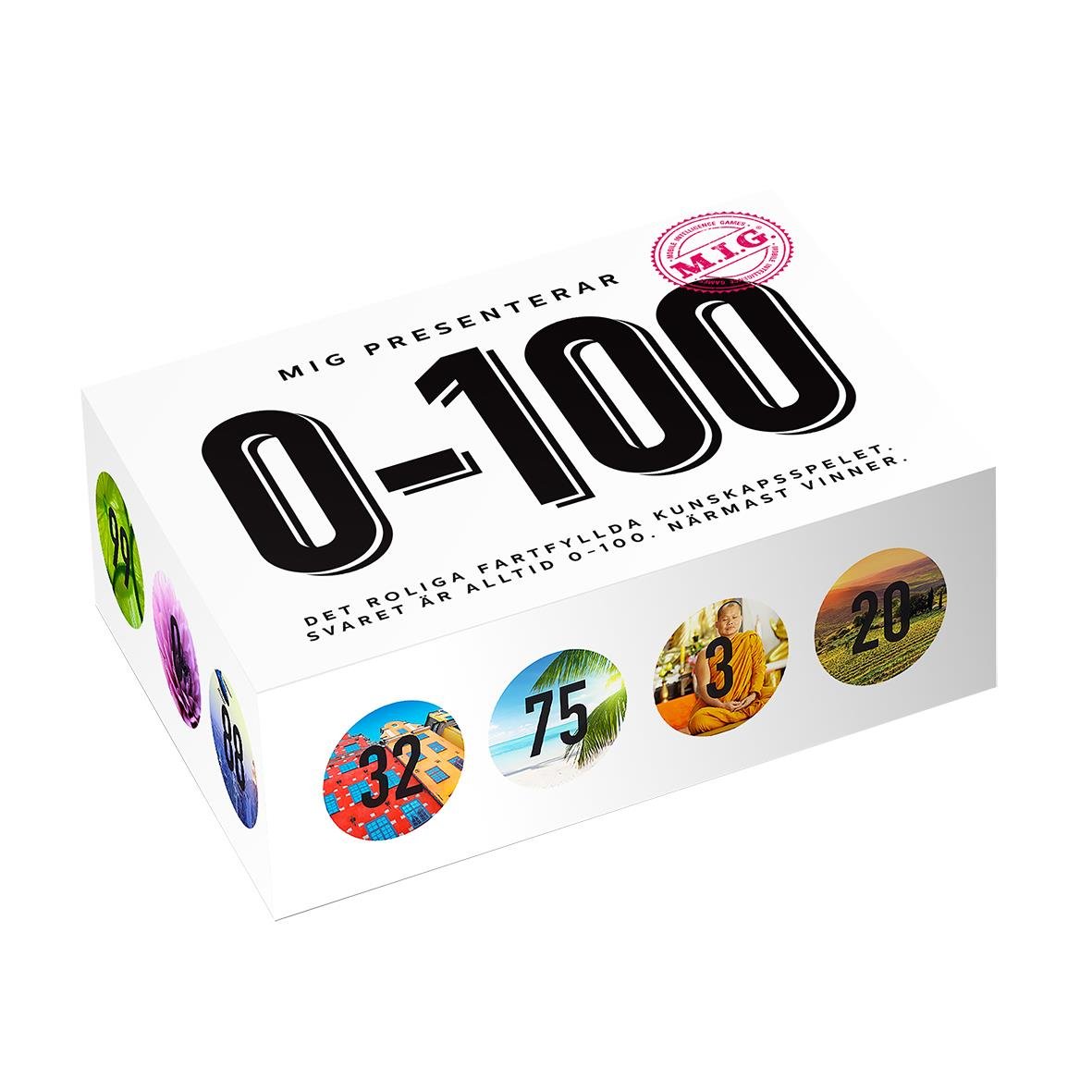 Spel MIG 0-100 Vit, ett spel med nummer 0 till 100 och olika färgade cirklar på en vit bakgrund