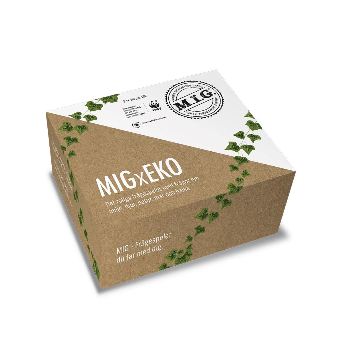 Spel MIG Eko i en låda med gröna växtmotiv och texten MIGEXO