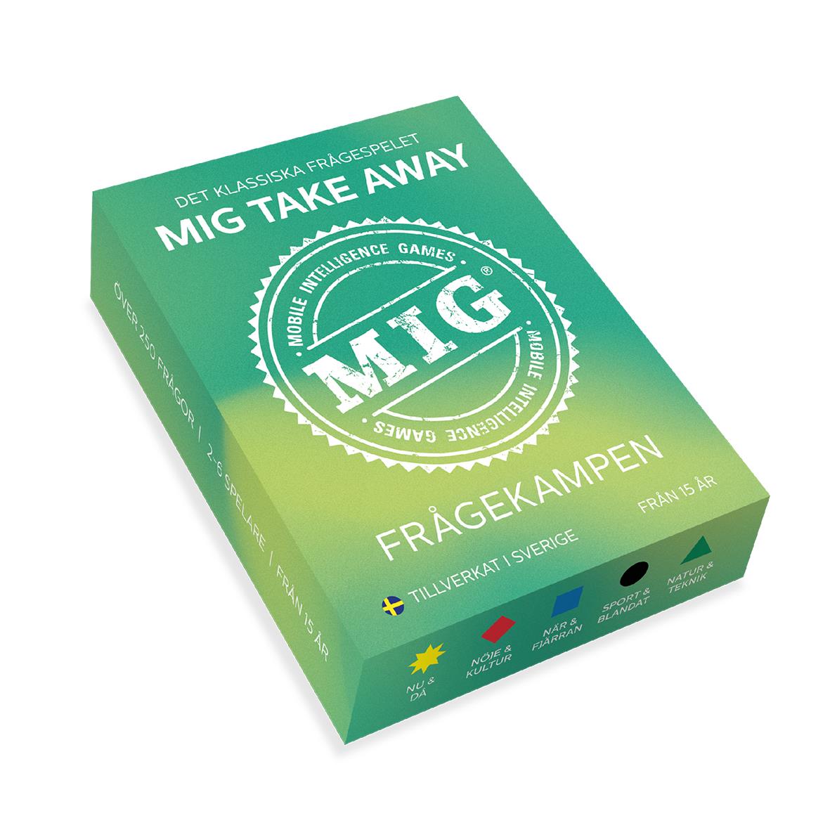 Grön spelbox för MIG Take Away Frågekampen med text och logga