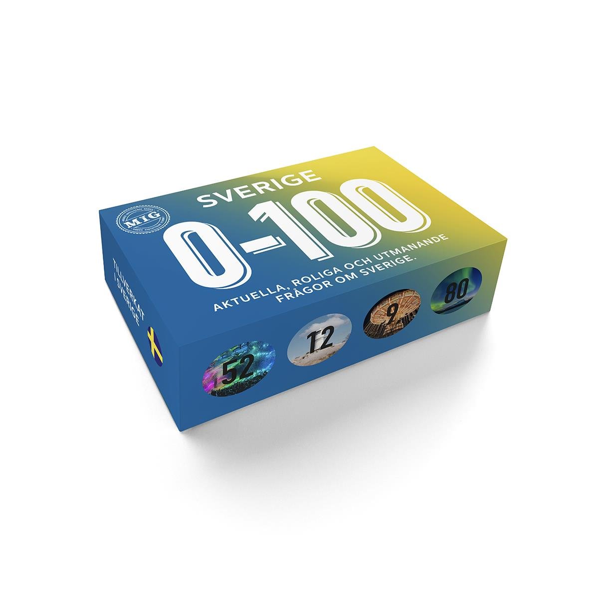 Svensk spelbox med aktuella, roliga och utbildande frågor om Sverige, 0-100