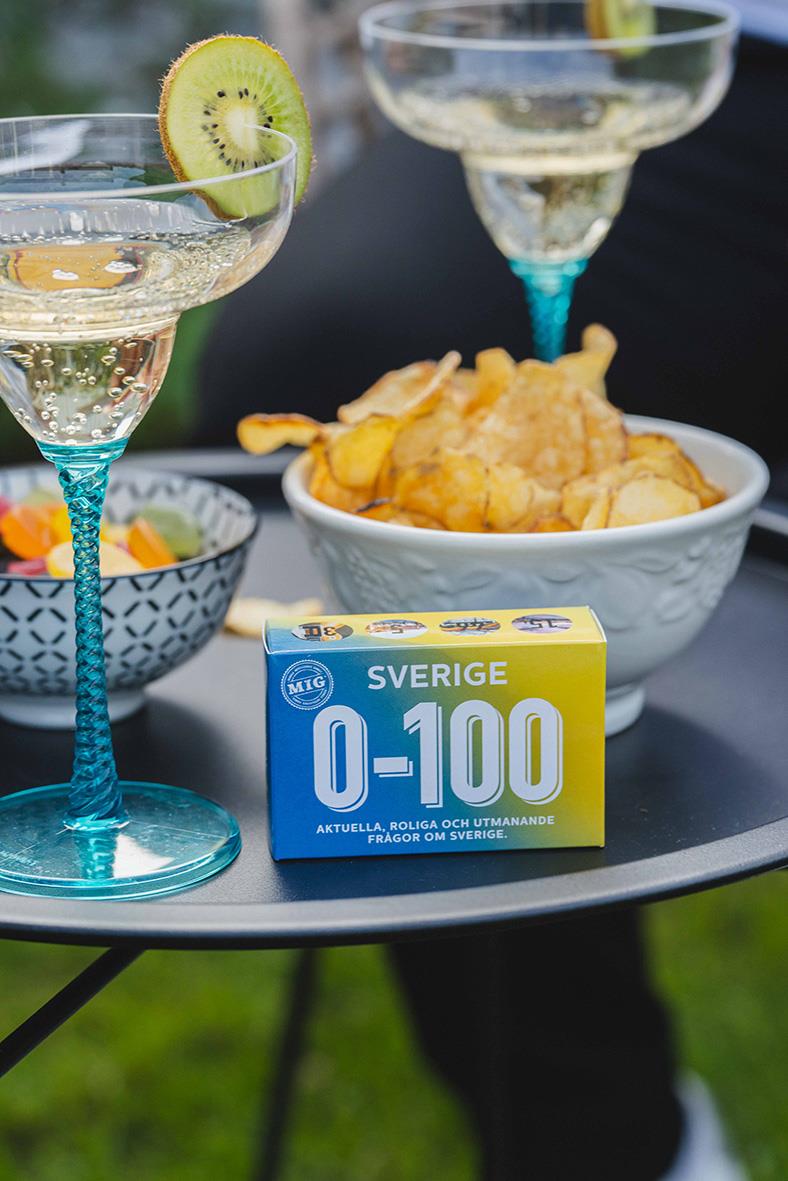 Svenskt quizspel med 0-100 frågor, två glas med drink och snacks på ett bord
