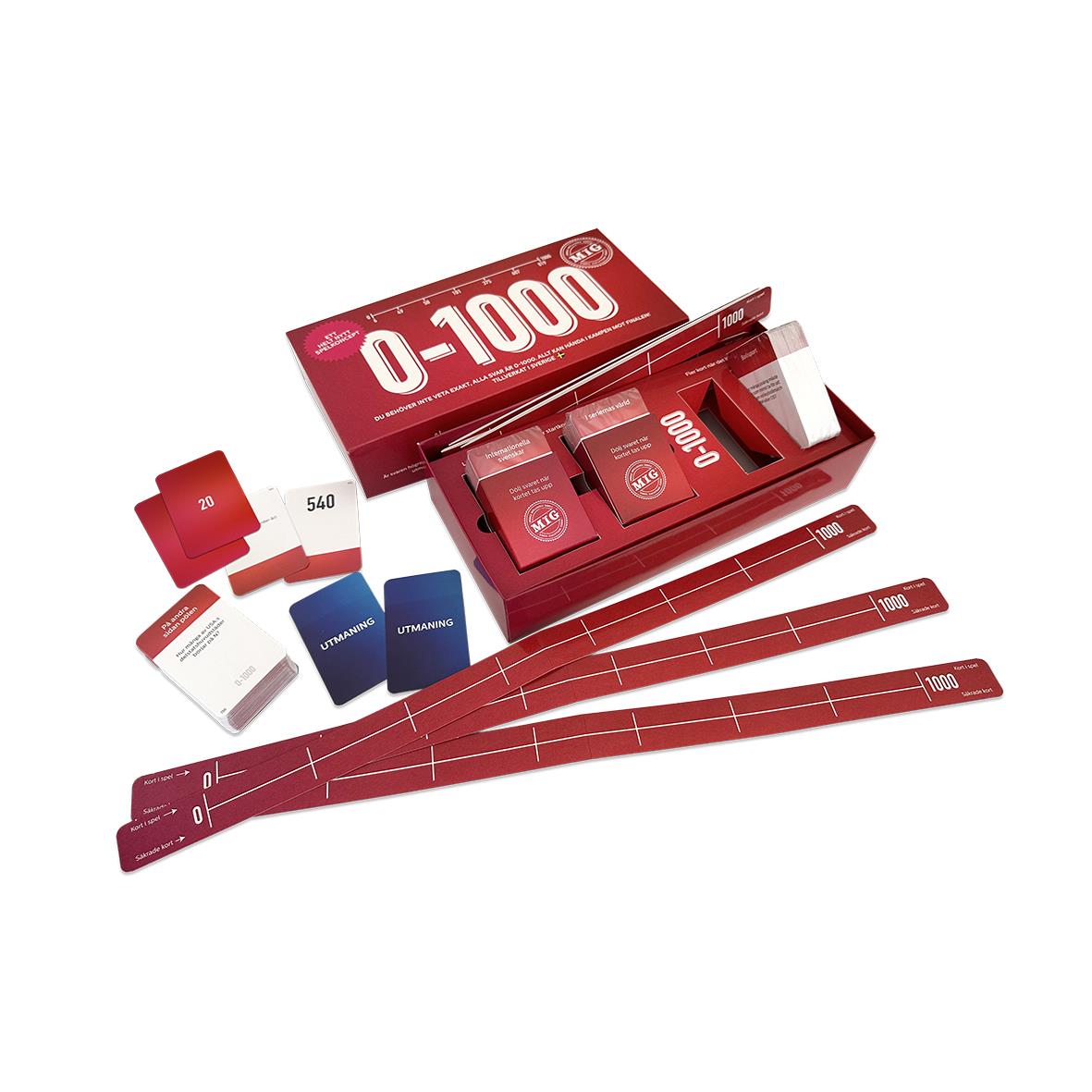 Spel MIG 0-1000 Röd med spelkort, tärningar och spelbräde i rött