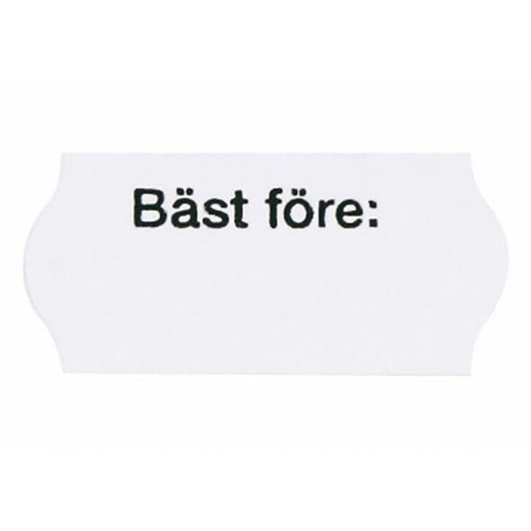 Vit etikett med svart text Bäst före: för att ange bäst före datum, storlek 26x12mm
