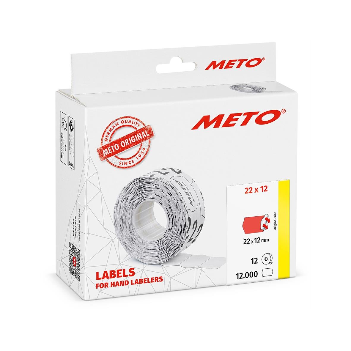 Etikett Meto Prismärkning Permanent Neonröd 22x12mm på förpackning