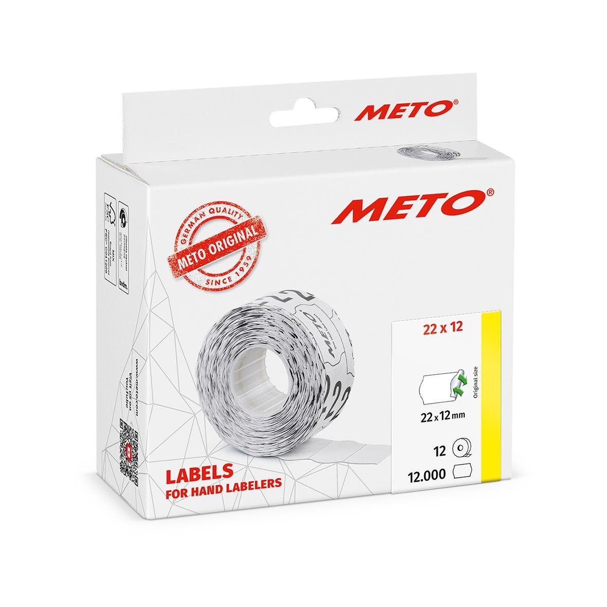 Meto etikett för handetiketter, vit, avtagbar, 22x12mm, 12 000 etiketter per rulle