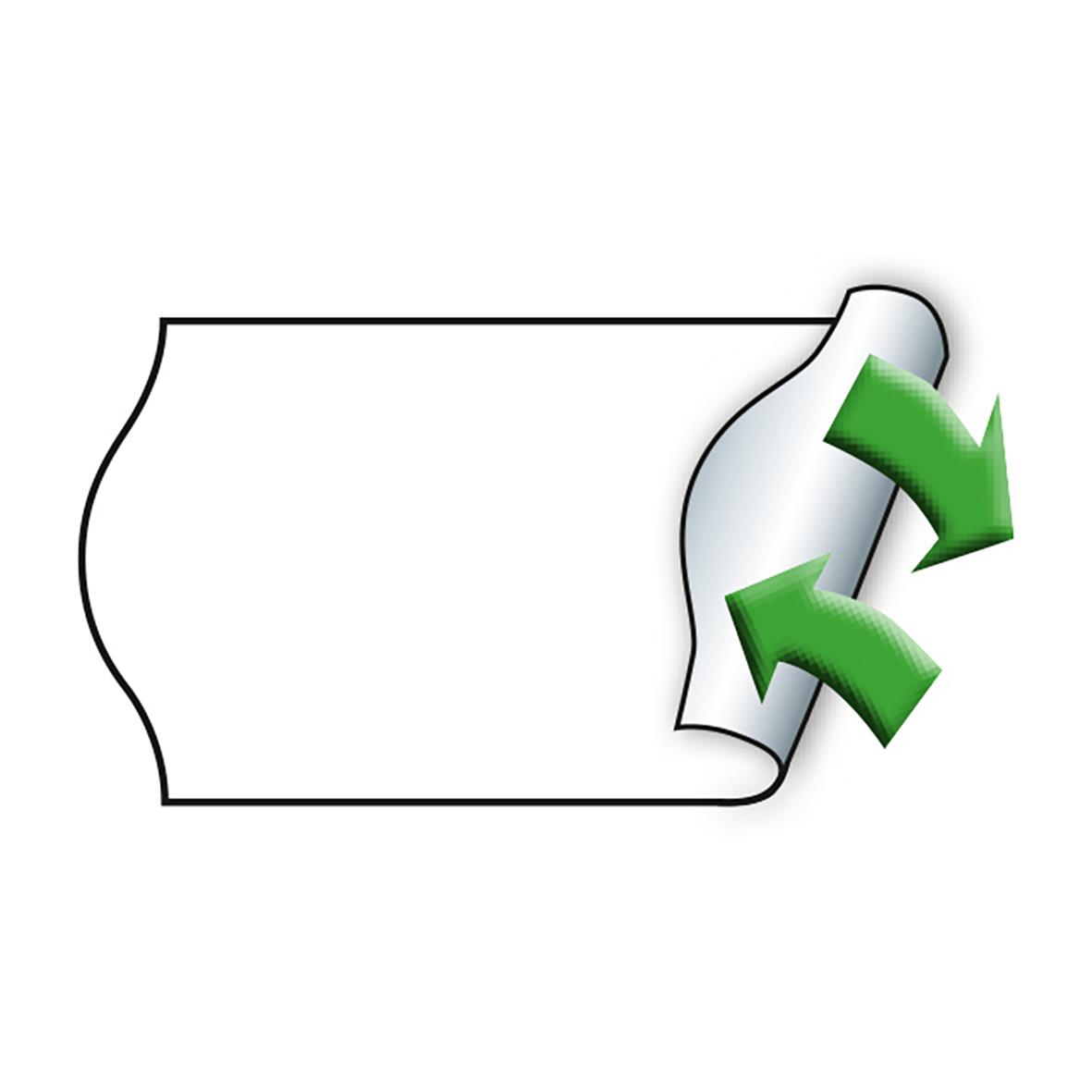 Vit etikett för prismärkning, avtagbar, 26x12mm, med gröna pilar som visar att den kan tas bort