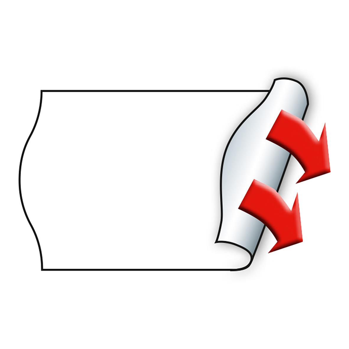 Vit etikett med permanent lim, 26x12mm, visar hur man fäster etiketten genom att dra av skyddsfilmen