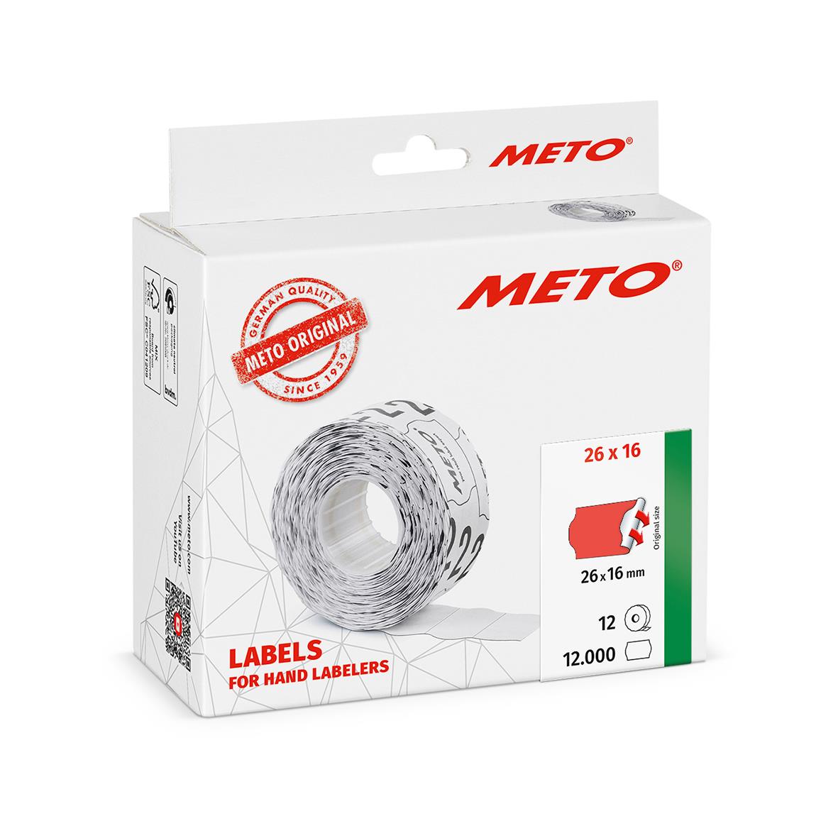 Etikett Meto Prismärkning Permanent Neonröd 26x16mm i förpackning med 12 000 etiketter