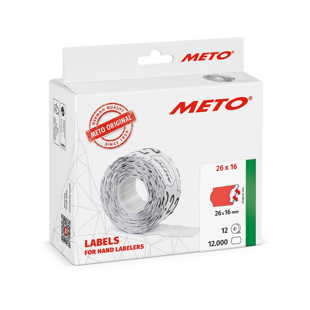 Etikett Meto Prismärkning Permanent Neonröd 26x16mm i förpackning med 12 000 etiketter