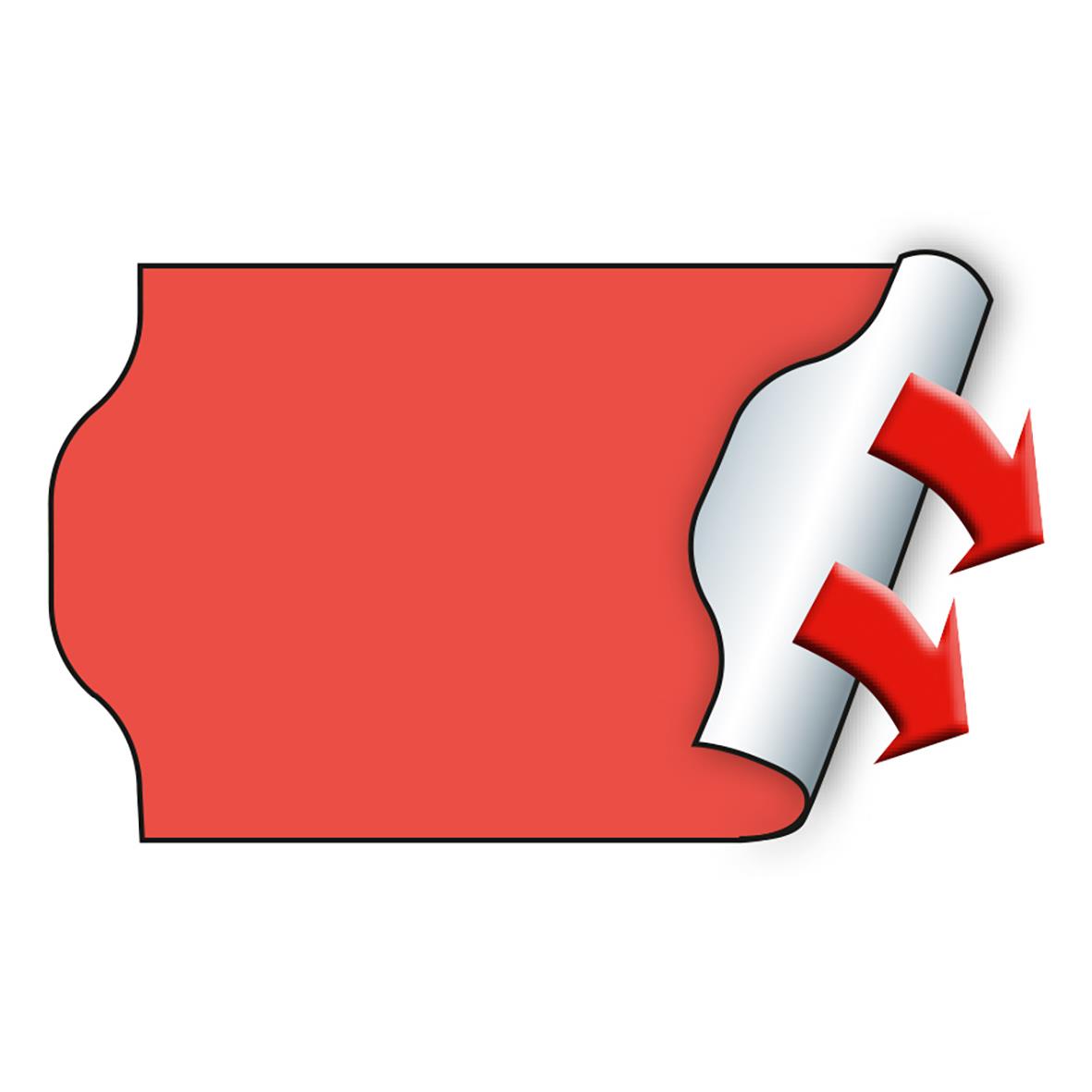 Röd etikett med permanent neonröd märkning och avtagbar skyddspapper