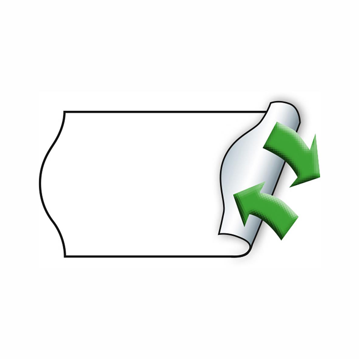 Vit etikett med avtagbar yta och gröna pilar som visar att den kan tas bort