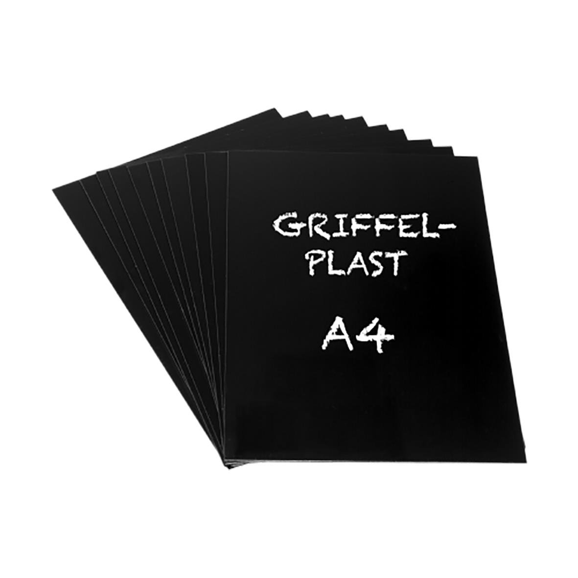 Svarta griffelplast A4-blad staplade med texten Griffelplast A4