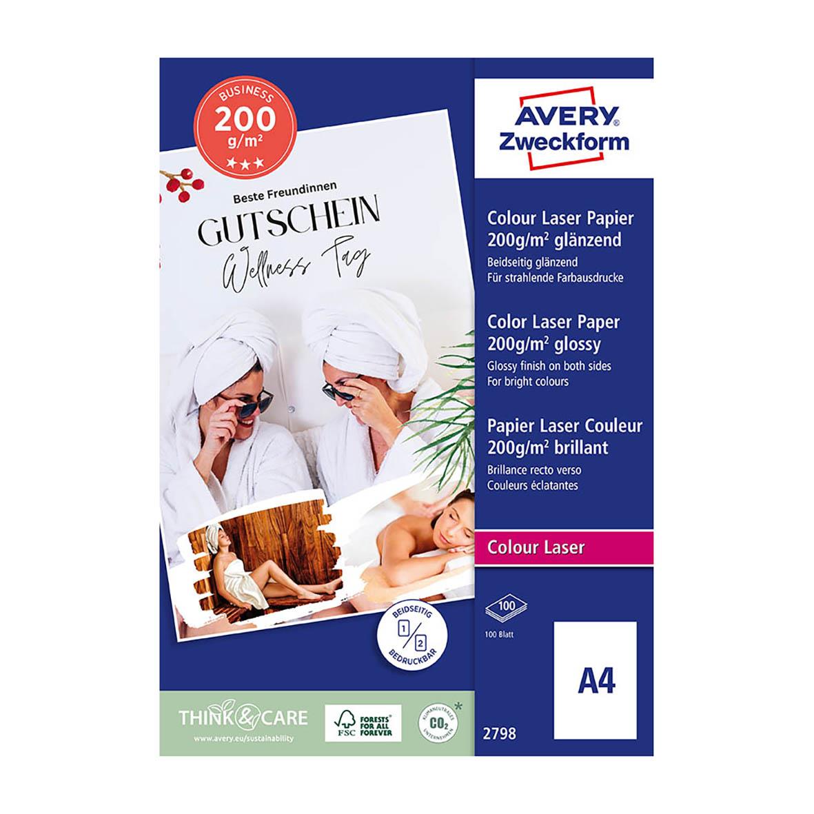 Färglaserpapper Avery Premium Glossy A4 200gr för färglaser, glänsande yta, 200g/m², för tydliga färgbilder