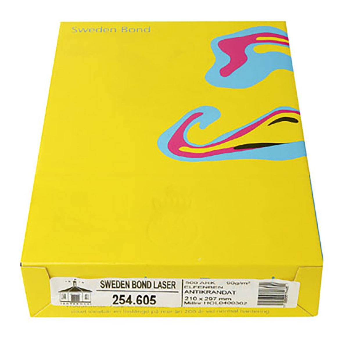 Gult paket med vitt A4-papper med färgglad design på förpackningen