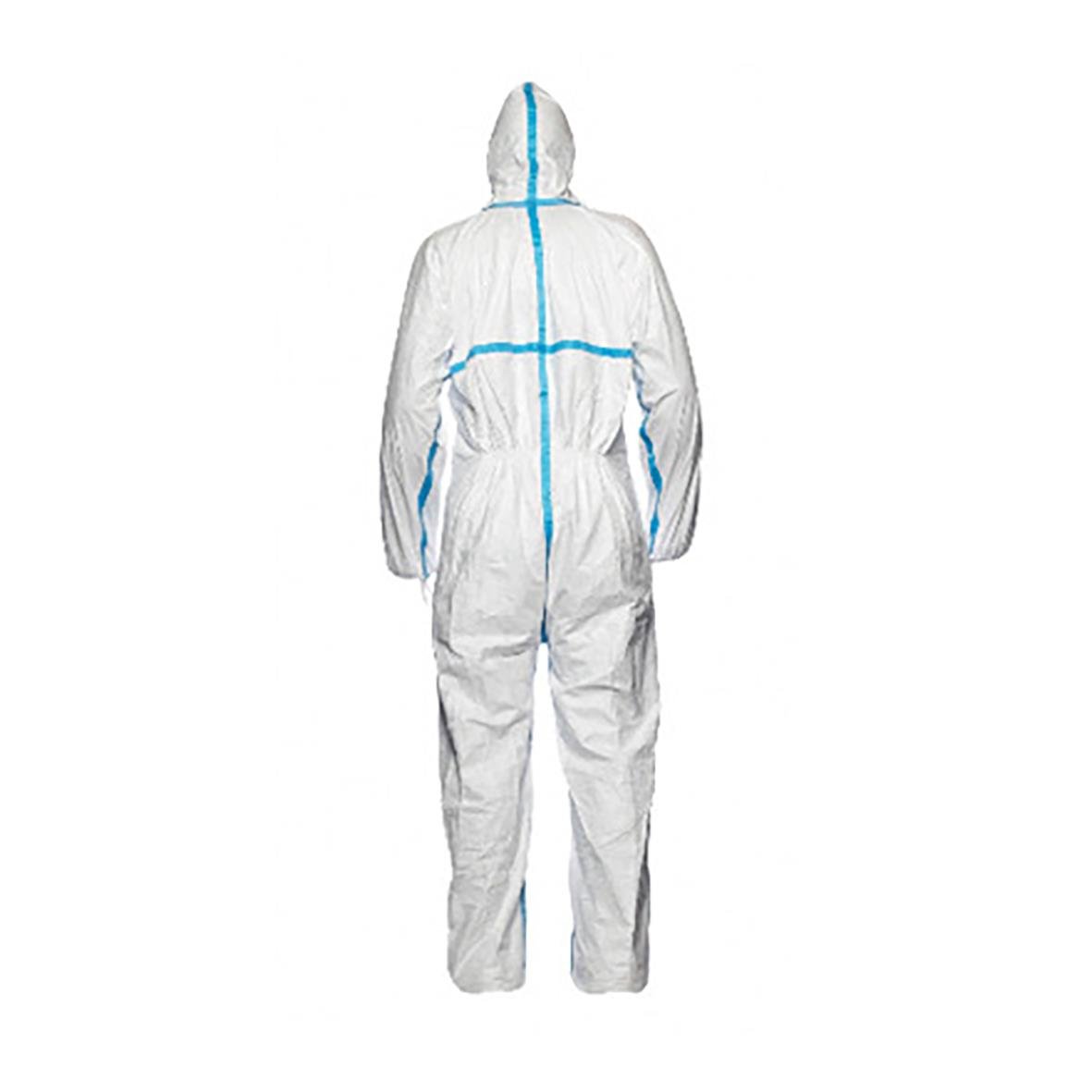 Vit korttidsoverall av Tyvek 600 Plus med huva och blå sömmar