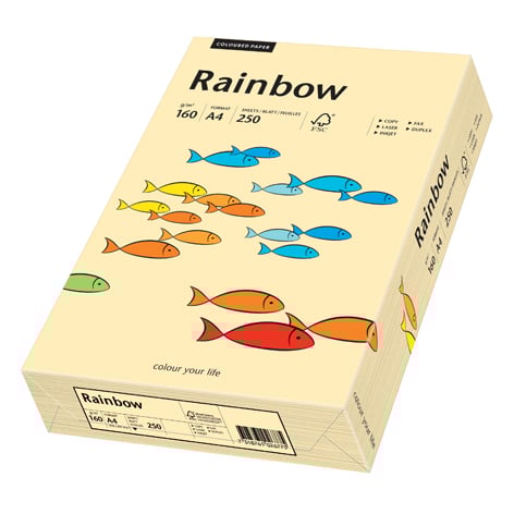 Kopieringspapper Rainbow chamois A4 160g med färgglada fiskar på förpackningen