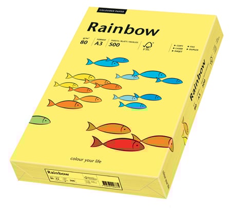 Kopieringspapper Rainbow yellow A3 80g med färgglada fiskar på förpackningen