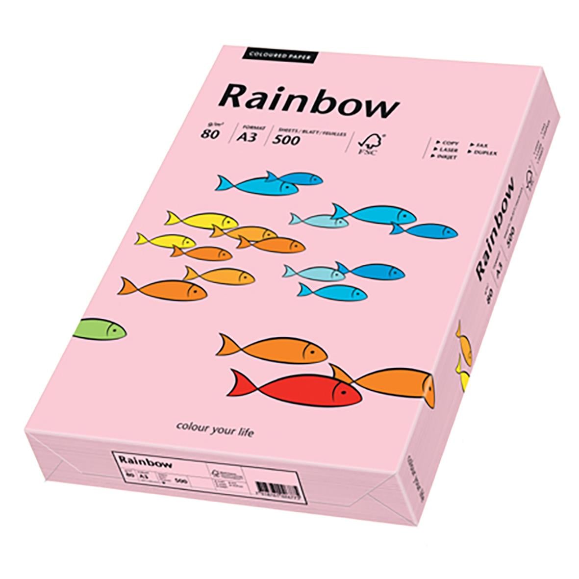 Kopieringspapper Rainbow light pink A3 80g med färgglada fiskar på förpackningen