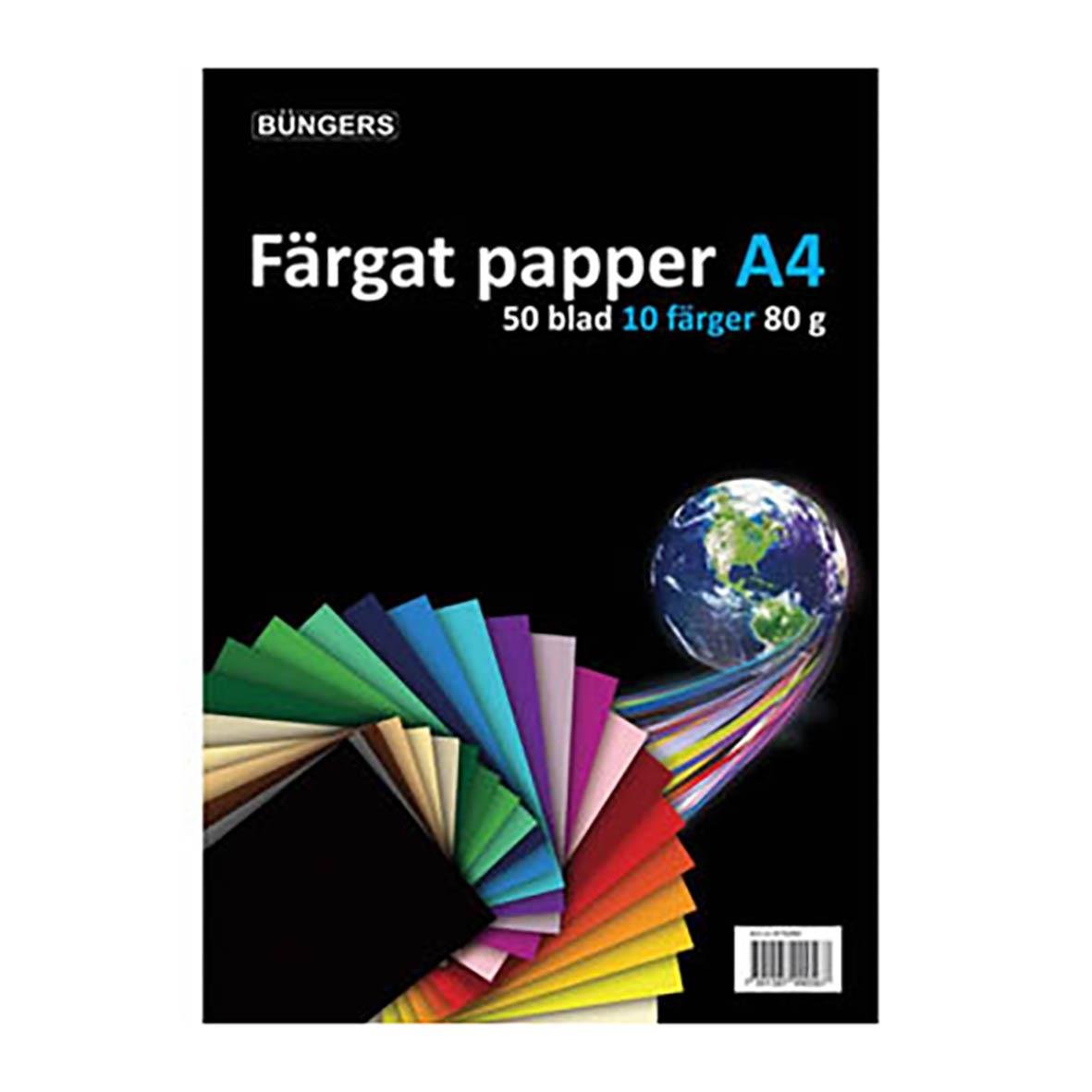 Färgat papper A4 50 blad i olika färger med jordglob på omslaget