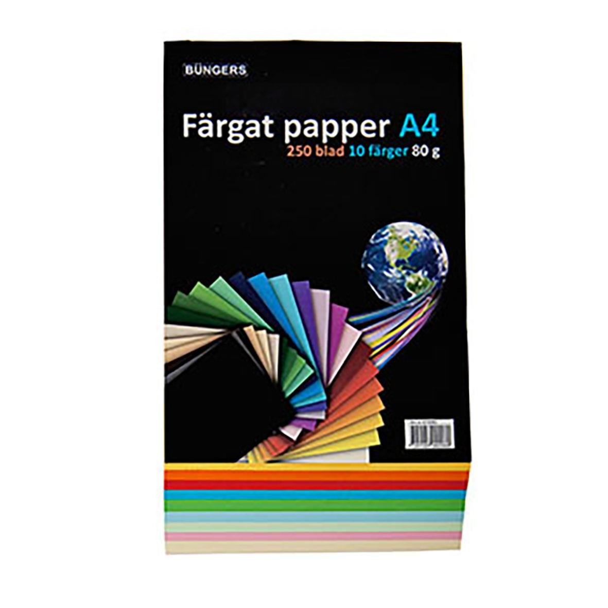 Färgat papper A4 80g med 250 blad i 10 färger, visar färgade papper och en jordglob på förpackningen