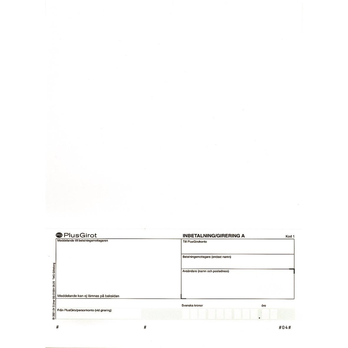 Otryckt laserark med plusgiro och A-kort för betalning eller giro