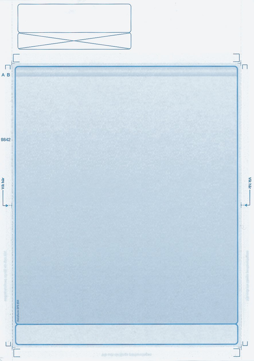 Blåtonad laserförlimmad blankett med fält för information och markeringar