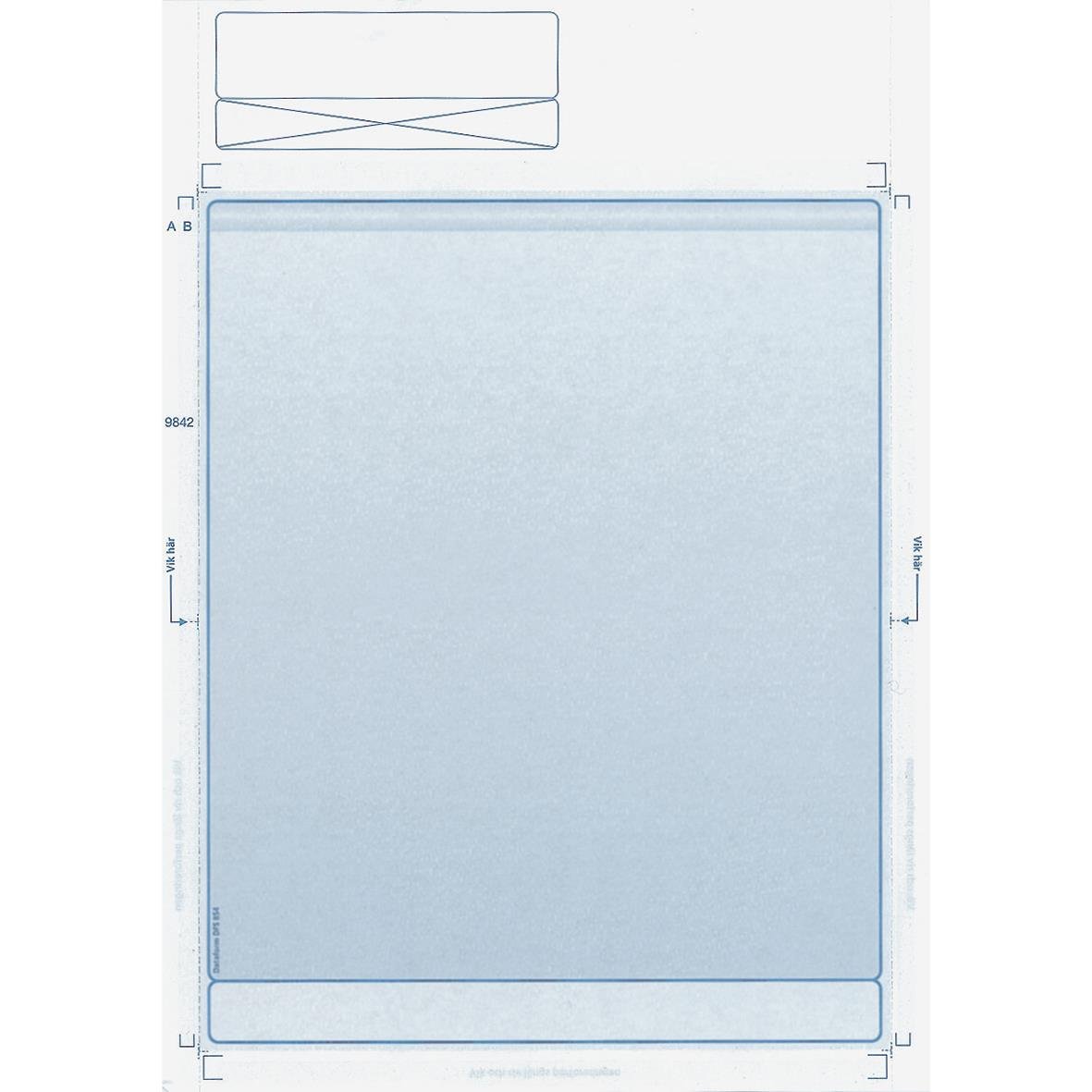 Blåtonad laserförlimmad blankett med fält för information och markeringar