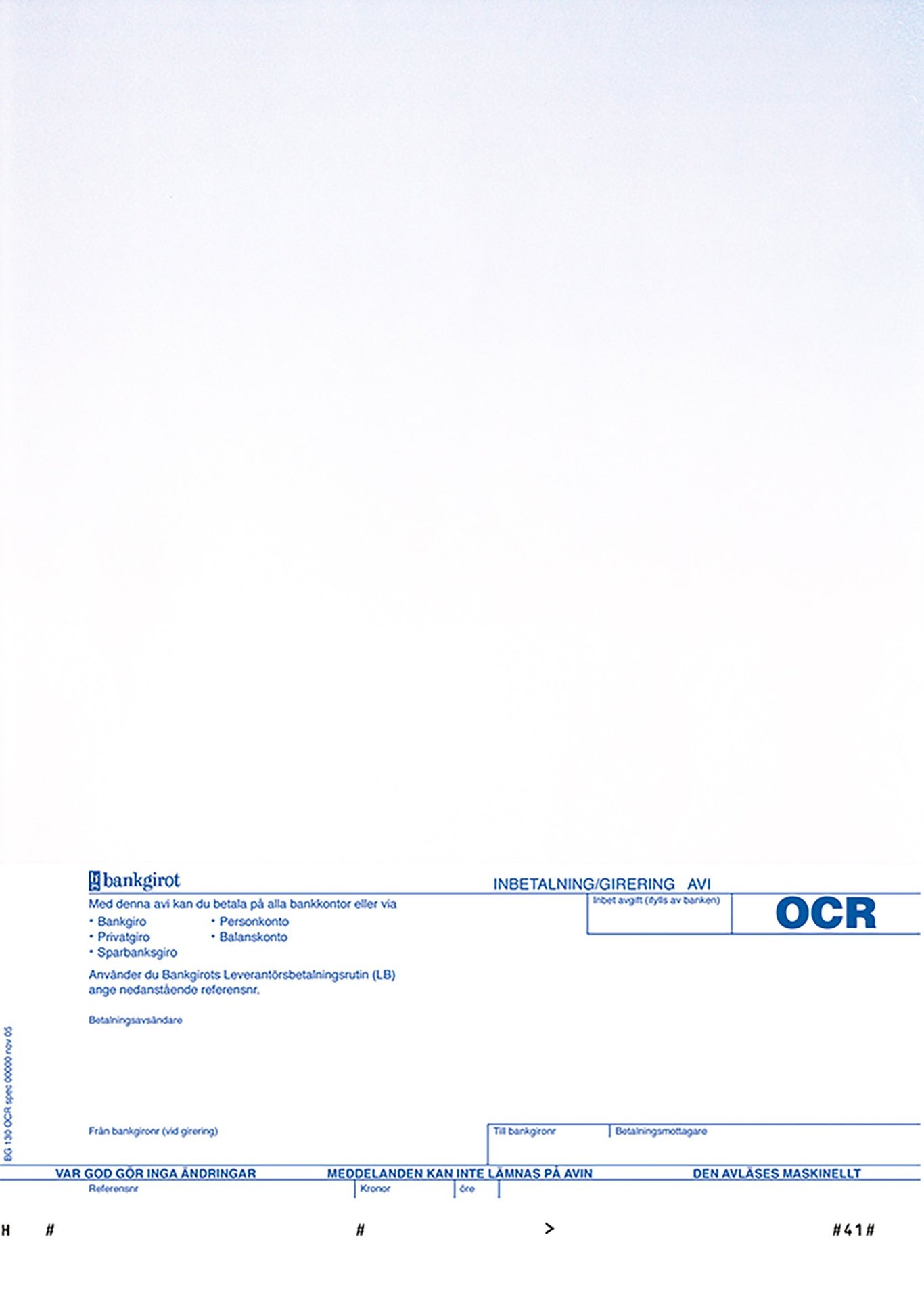 Blåtonat bankgiro OCR-kort med text och fält för betalning