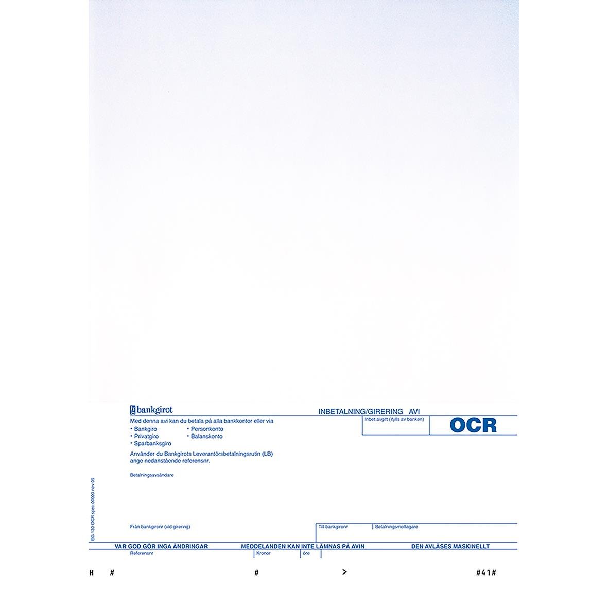 Blåtonat bankgiro OCR-kort med text och fält för betalning