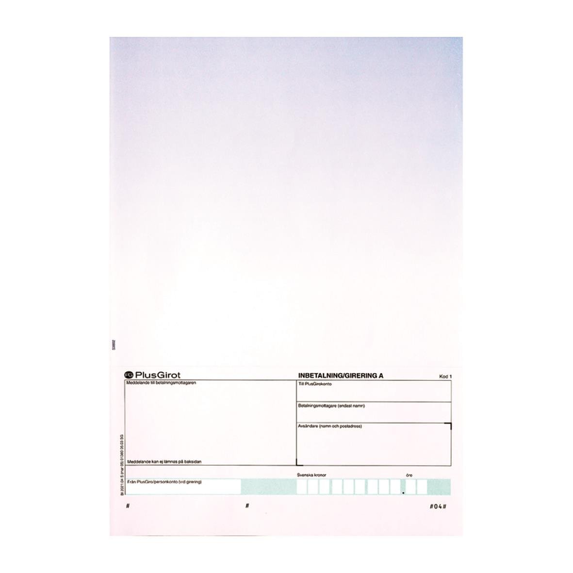 Blå laserpapper för Plusgiro med utrymme för betalningsuppgifter och belopp