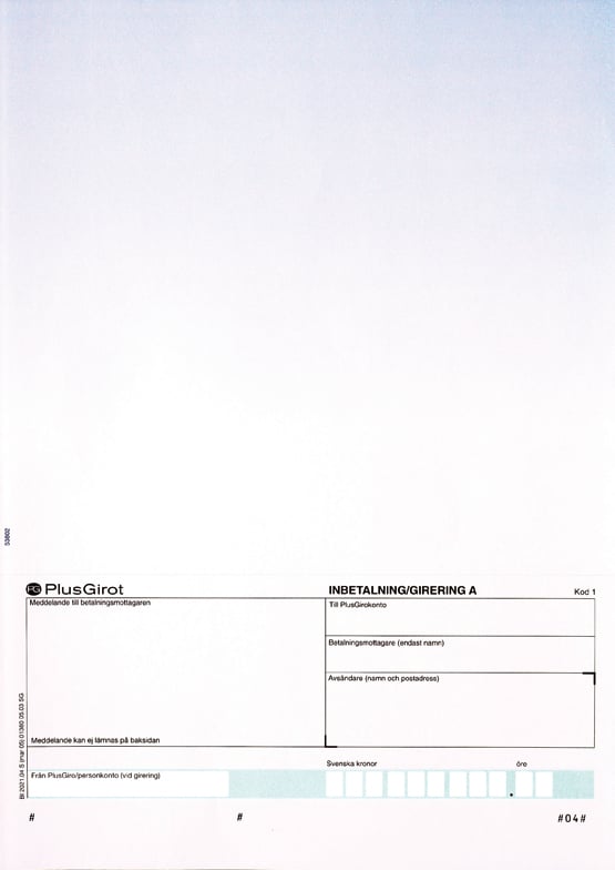 Blå laserpapper för Plusgiro med utrymme för betalningsuppgifter och belopp